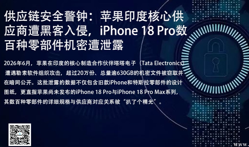 供应链安全警钟：苹果印度核心供应商遭黑客入侵，iPhone 18 Pro数百种零部件机密遭泄露